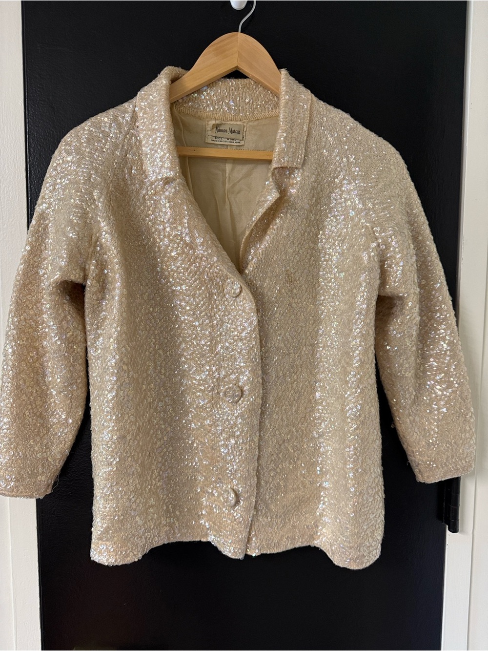 vintage Neiman Marcus cream-colored sequin jacket made from 100% wool by Cyn Les